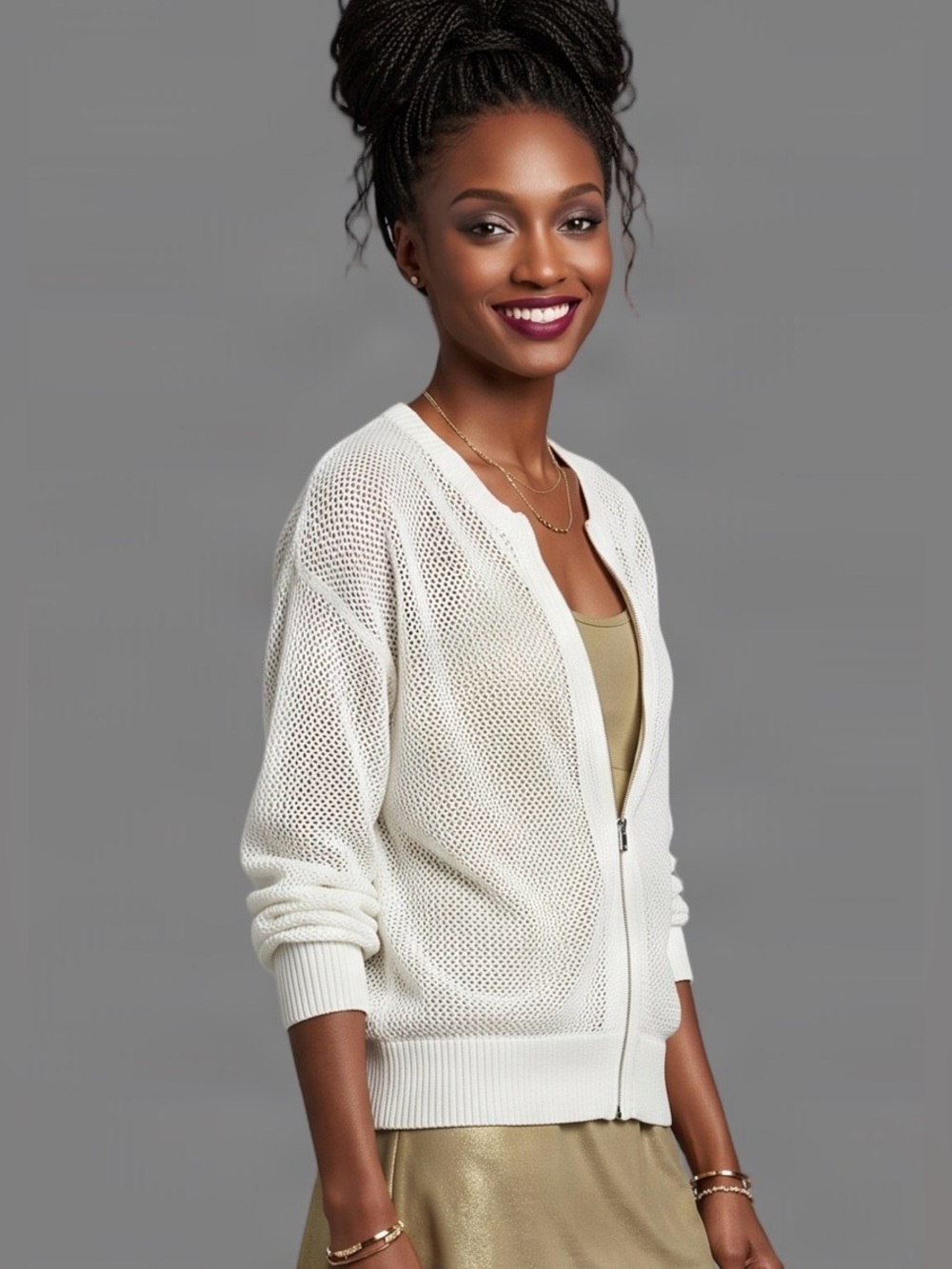 Athleta White Open Knit Mesh Semi Sheer Zip Front Bomber style Warm Up Jacket